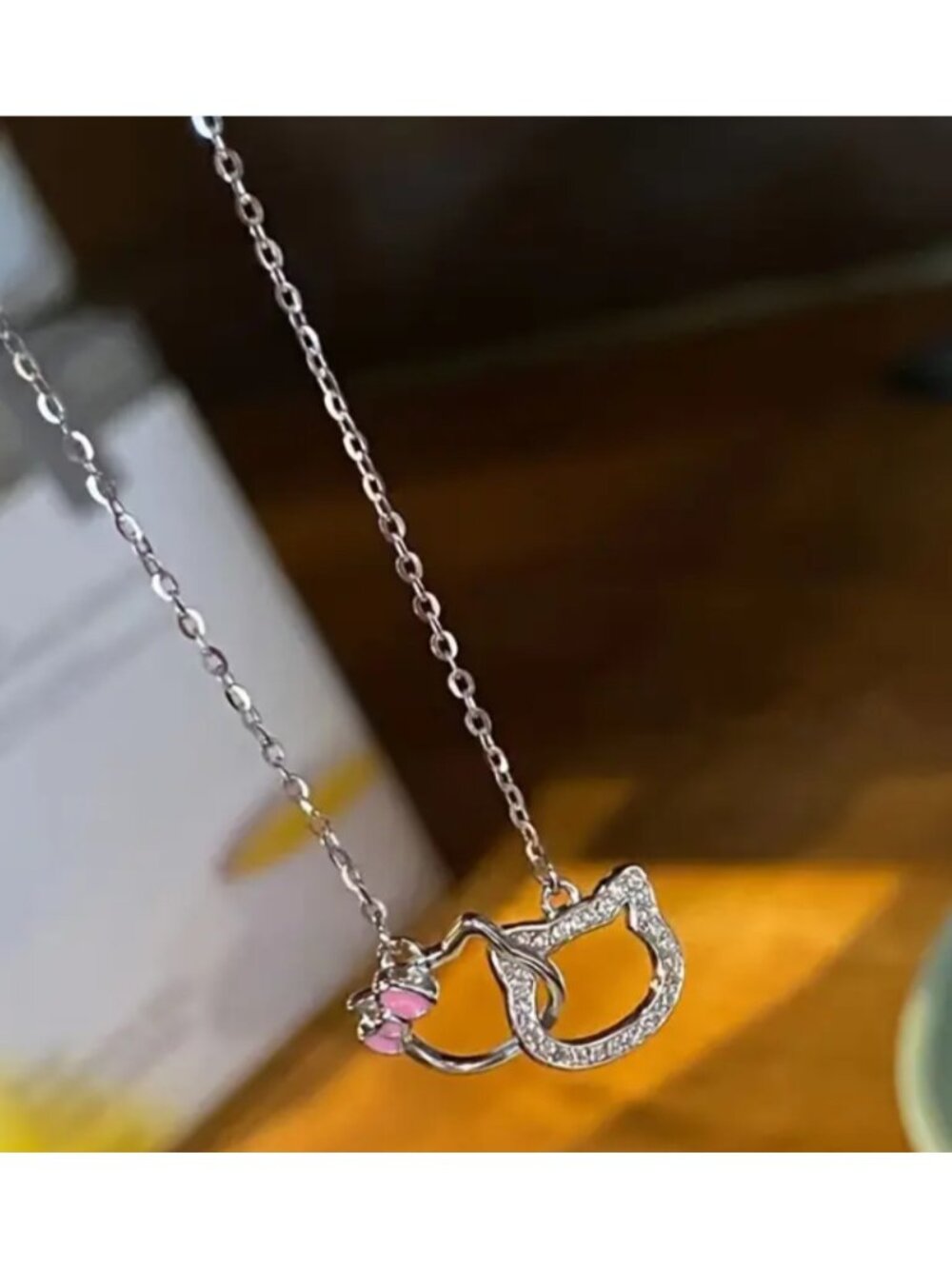 Hello Kitty Rhinestone Pendant Necklace Sparkling Silver & Pink Charms